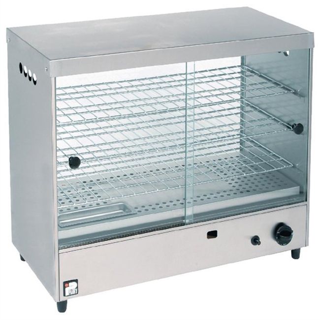 Gas pie cabinet outdoors with delicious pies displayed.