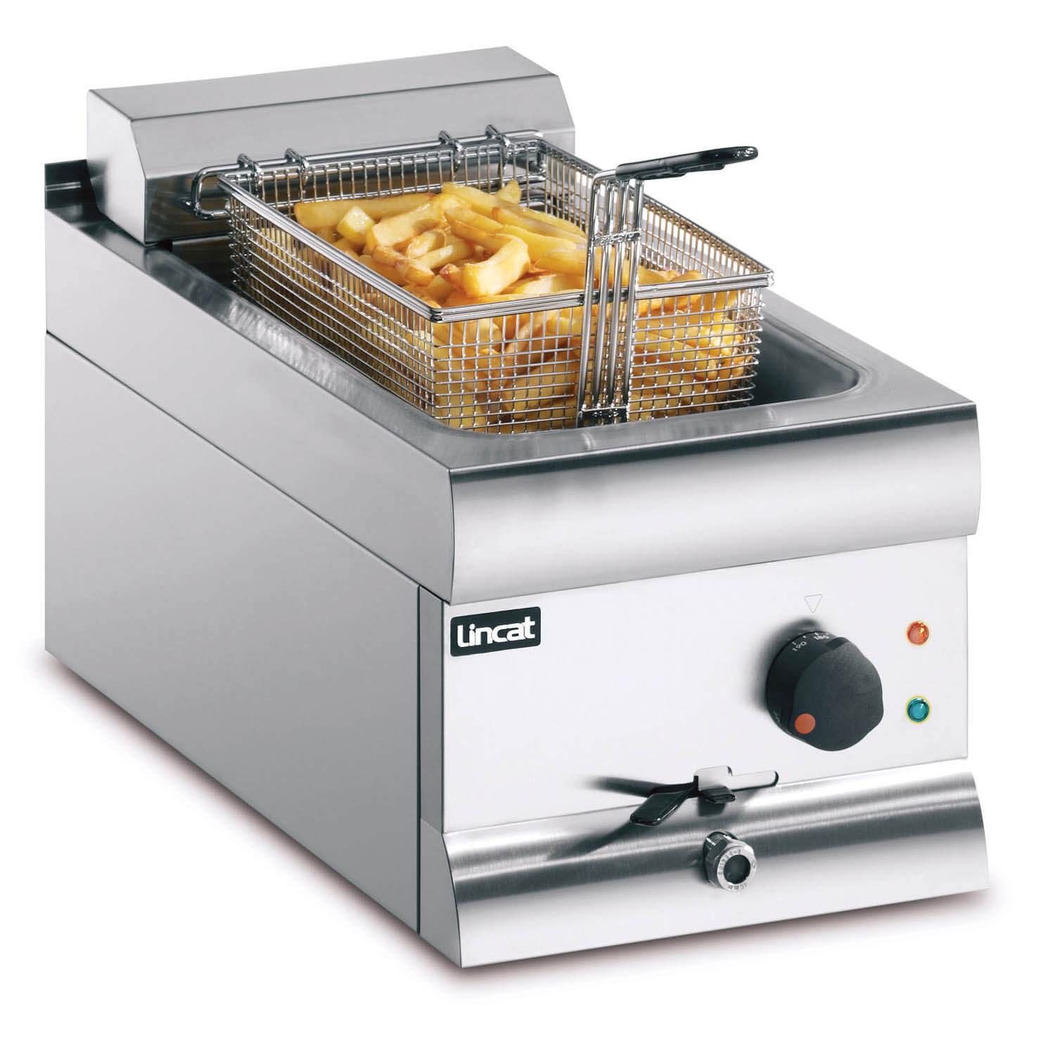 Stainless-steel countertop fryer with twin baskets.